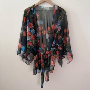 THREE FLAGGS Womens Sheer Floral Kimono Wrap Top Size One Size Boho Whimsigoth